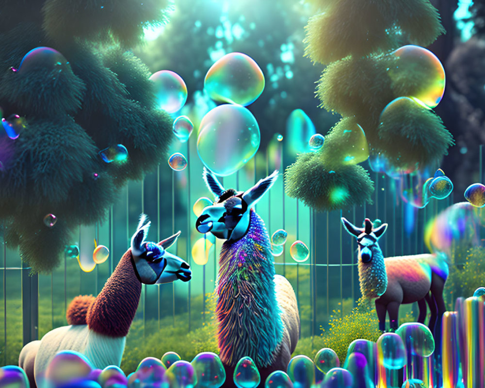 Vibrant llamas in surreal neon forest with bubbles & fluffy spheres