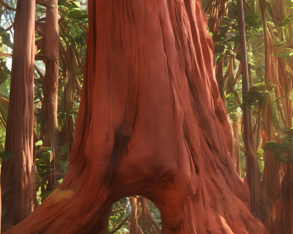 Giant redwood tree with hollow arch in sunlit forest