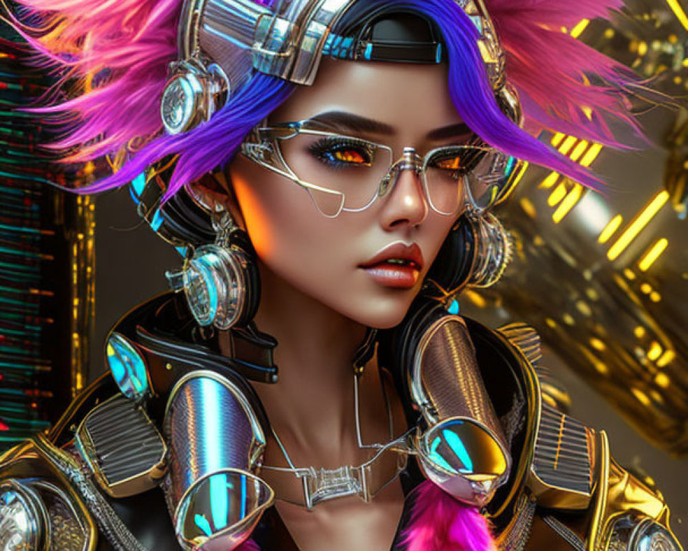 Futuristic woman in cyberpunk helmet and black suit with tech elements