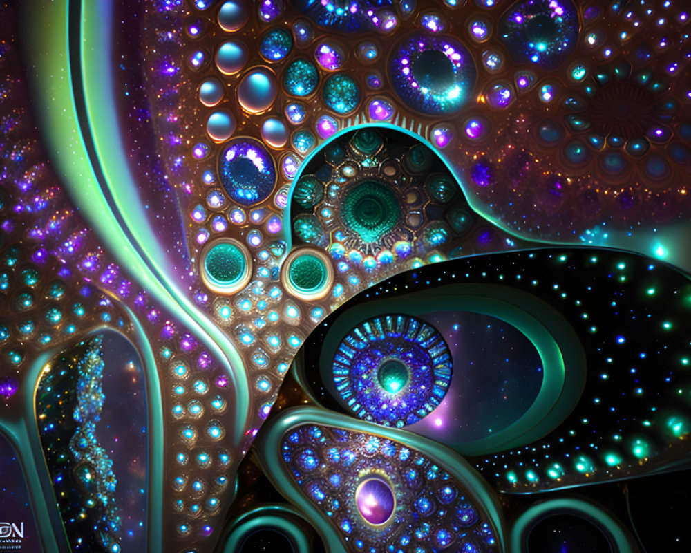 Colorful digital fractal featuring intricate patterns in blues, purples, and gold.