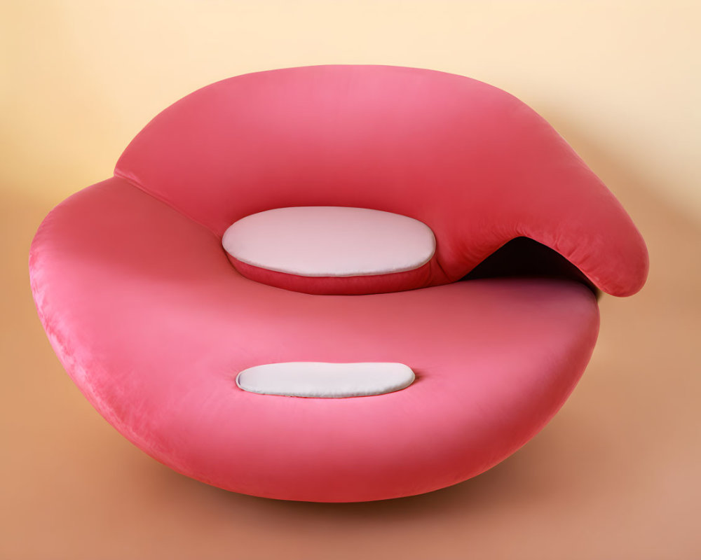 Pink Lip-Shaped Sofa with White Cushions on Orange Background