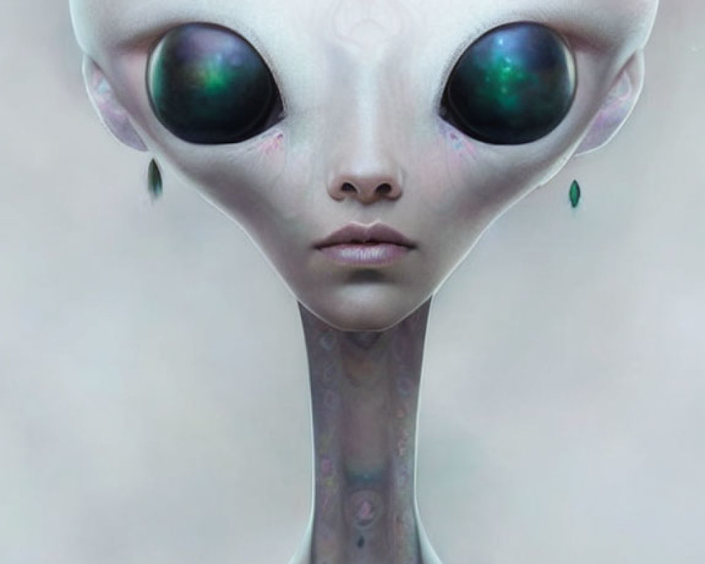 Digital artwork: Alien with large head, black eyes, green irises, slender neck with floral patterns