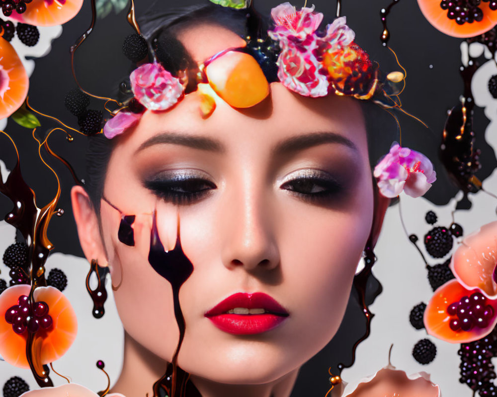Portrait of Woman with Dramatic Makeup and Fruit & Flower Headpiece