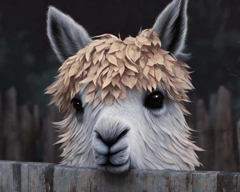 Detailed Close-Up Illustration of Cute Llama with Fluffy Fur Peeking Over Fence