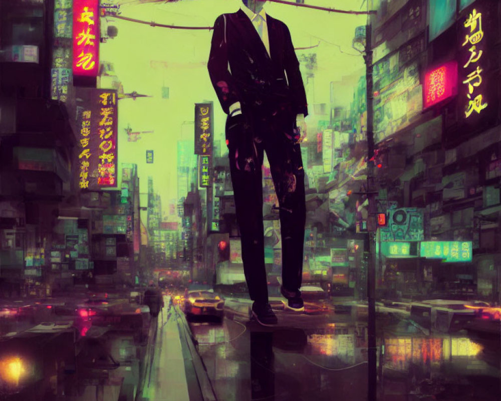 Confident individual in rain-soaked neon cityscape at dusk