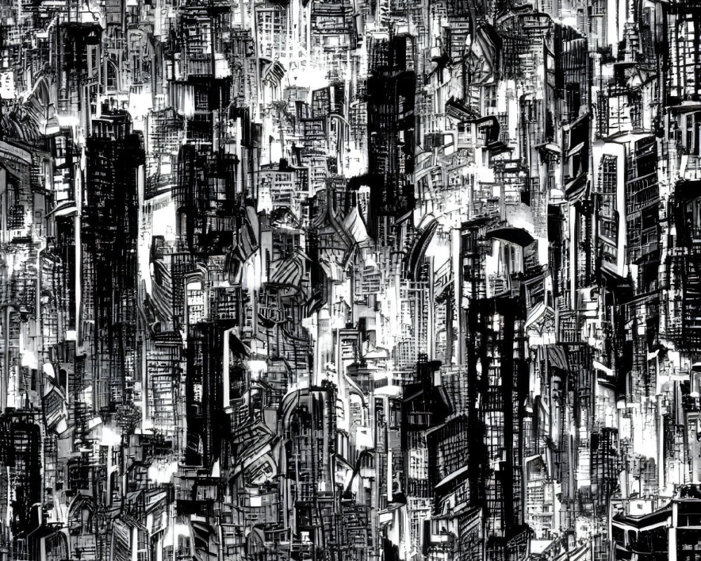 Detailed Monochrome Futuristic Cityscape Illustration