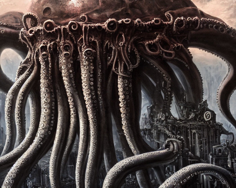 Giant octopus dominates dark cityscape with spread tentacles