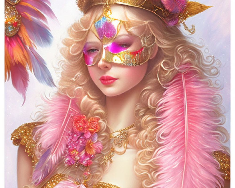 Fantasy illustration of a blonde woman with crown and mask holding a colorful bird