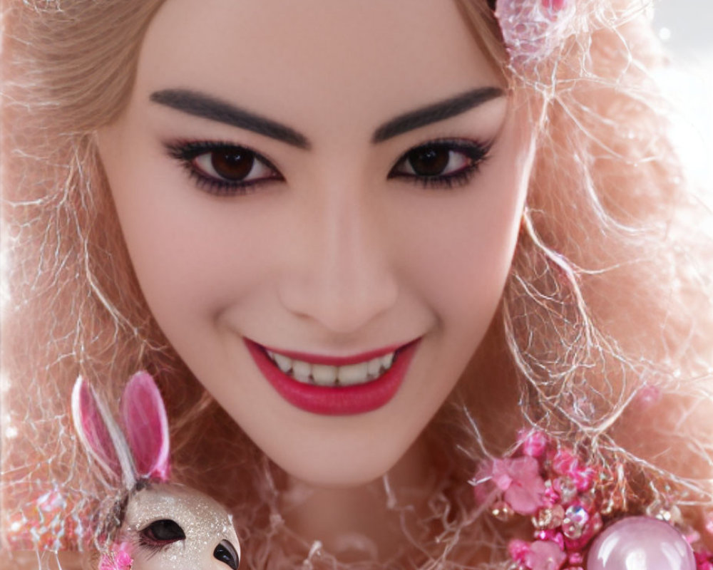 Smiling woman with dramatic makeup and floral hair accessory holding rabbit figurine