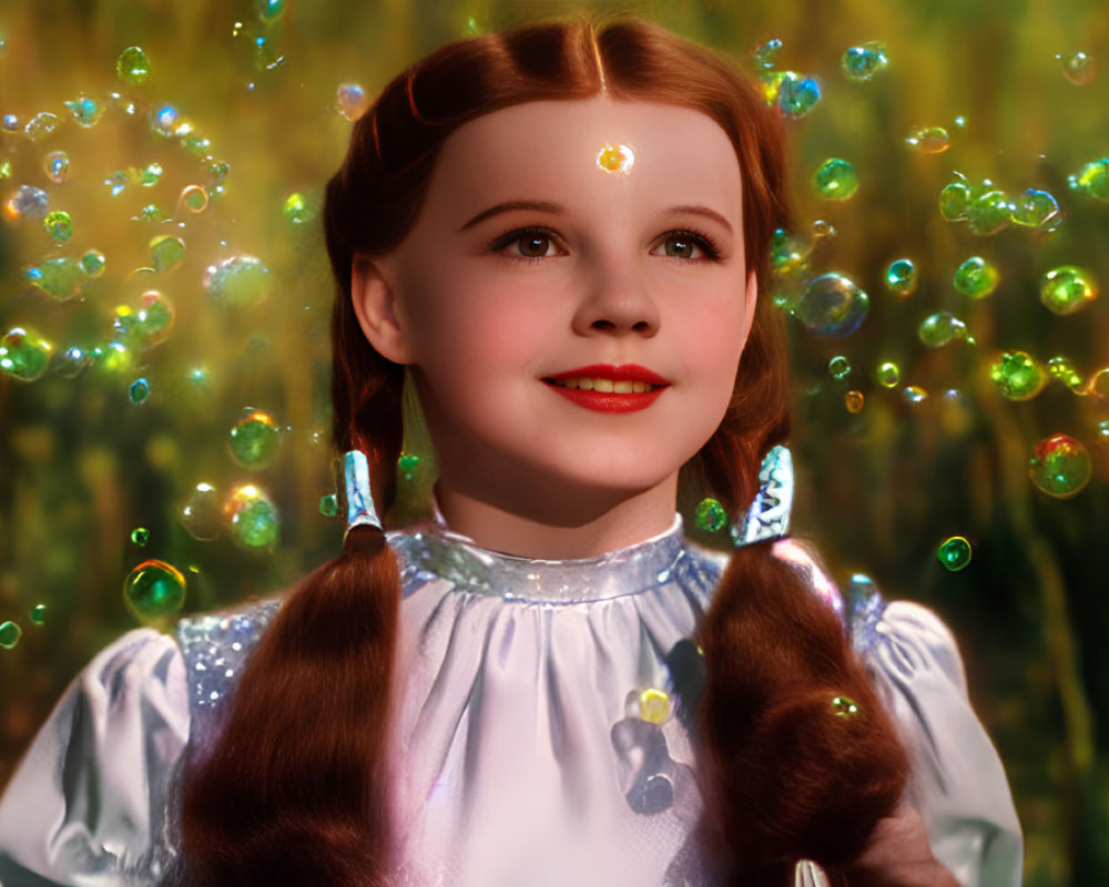 Young girl with braided hair in blue dress surrounded by glowing bubbles in forest