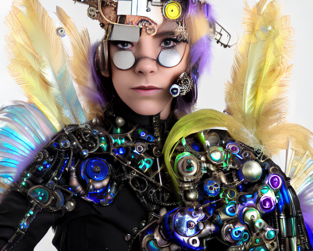 Cyberpunk woman in ornate goggles and mechanical arm costume