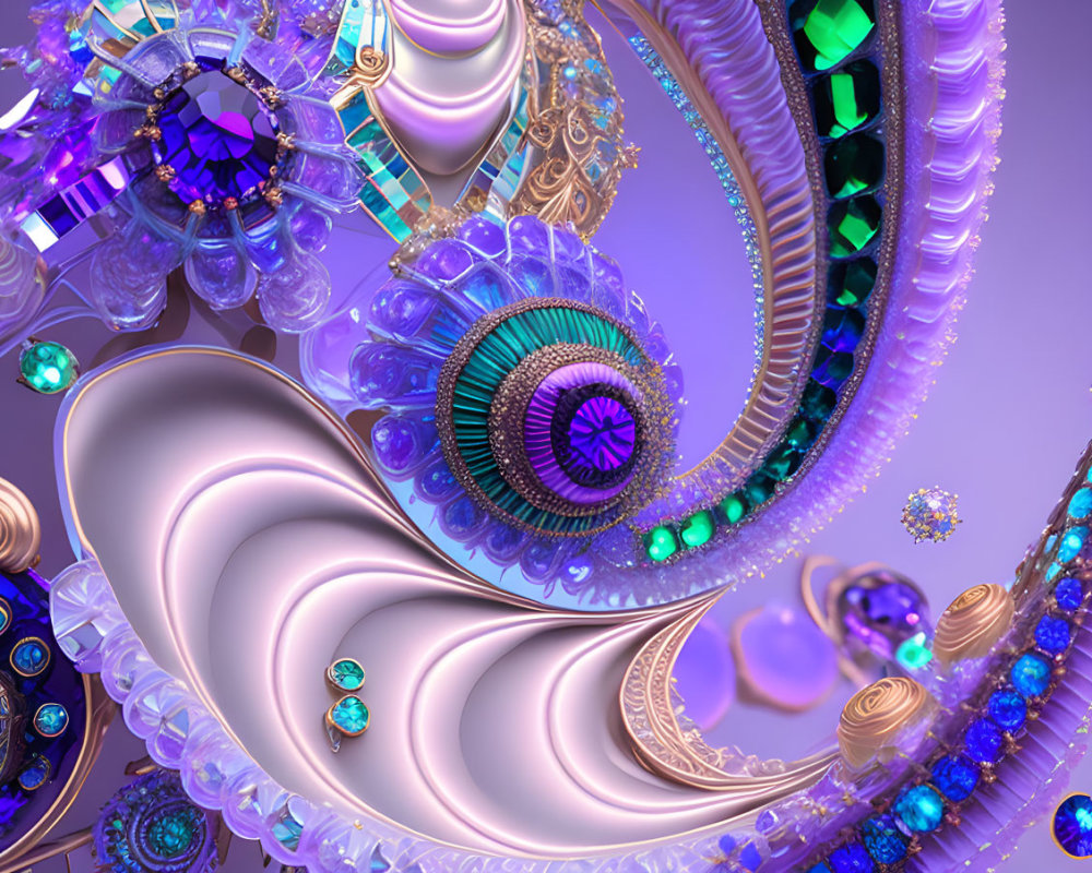 Colorful Digital Fractal Image with Swirling Patterns and Jewel-like Accents