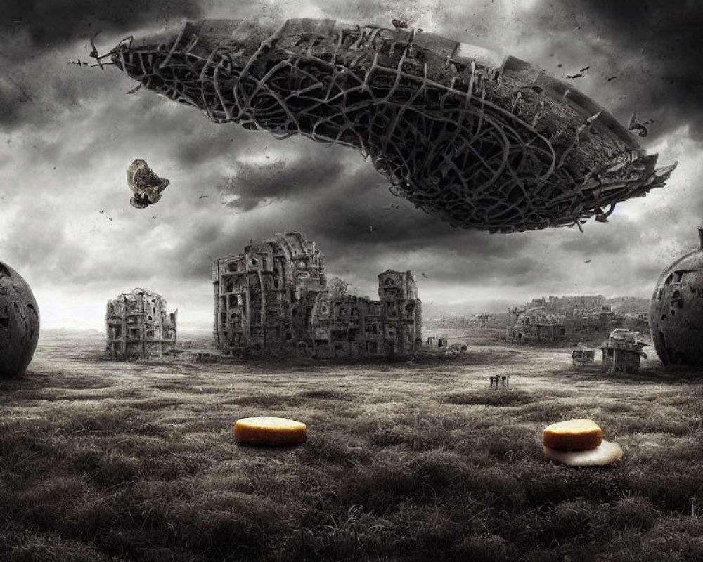 Surreal landscape with twisted architecture and sandwiches in desolate color scheme