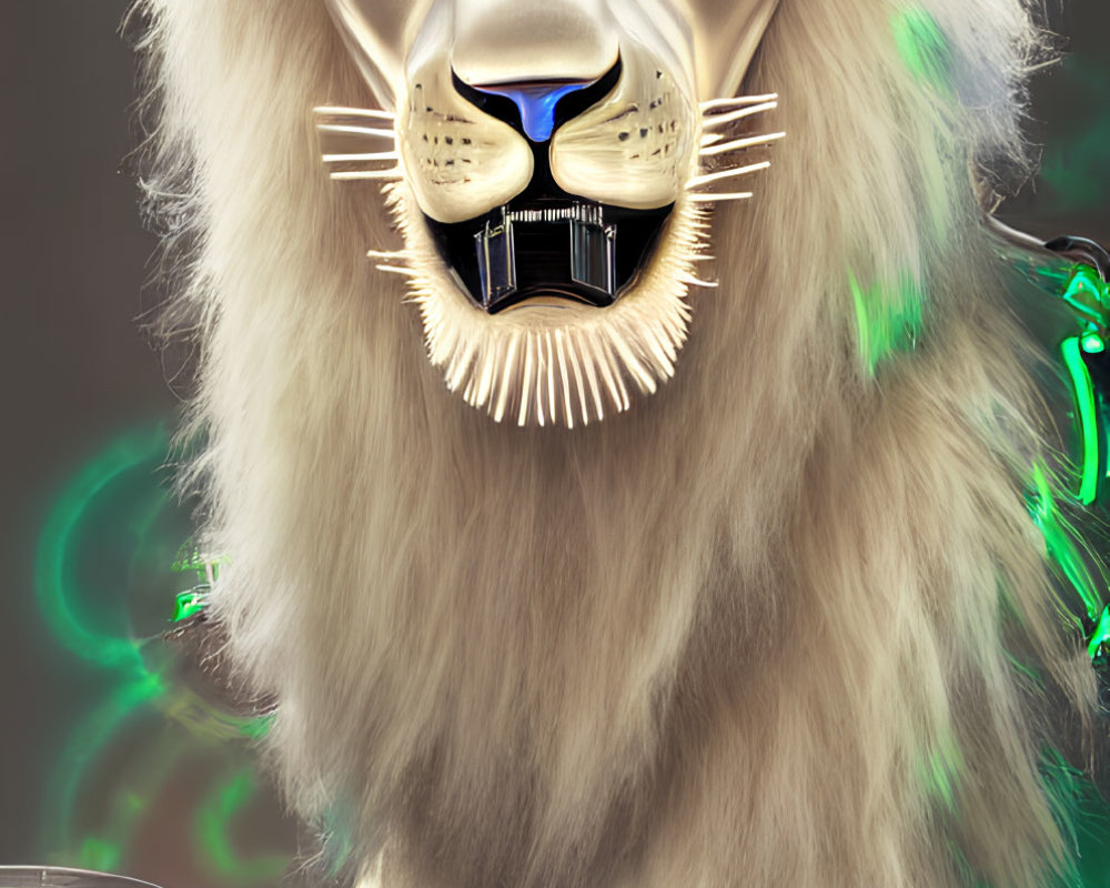 Digital artwork of lion with human-like pose and expression, blending organic and mechanical elements.