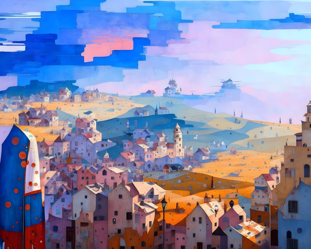 Vibrant painting of whimsical town with colorful houses on rolling hills