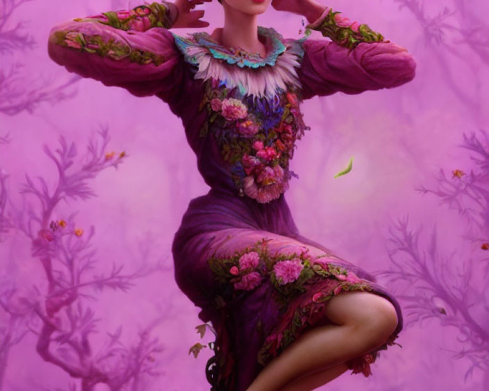 Digital art: Woman in floral attire on whimsical purple background