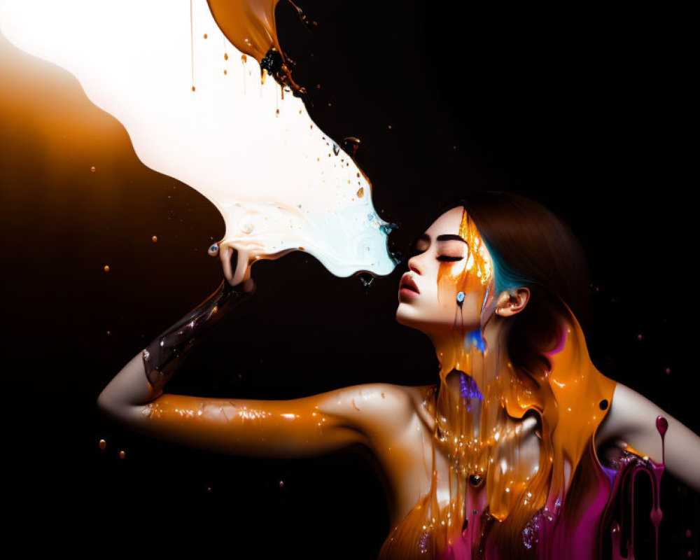 Profile of a woman with vibrant liquid streams on dark background