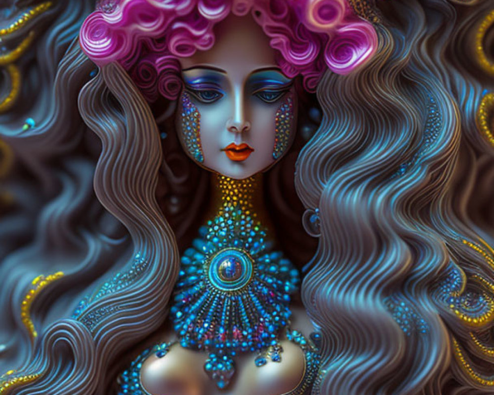 Intricate digital artwork of woman with ornate hair and jewelry in blue, purple, and gold
