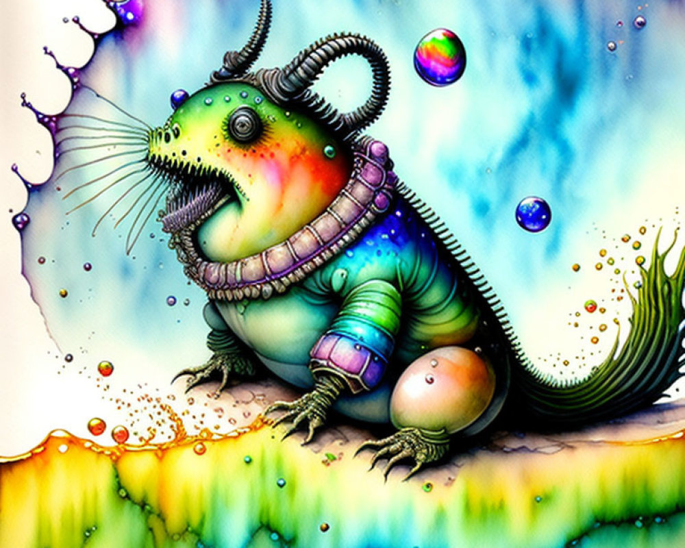 Colorful illustration of whimsical creature with large eyes and fish-like tail in liquid landscape
