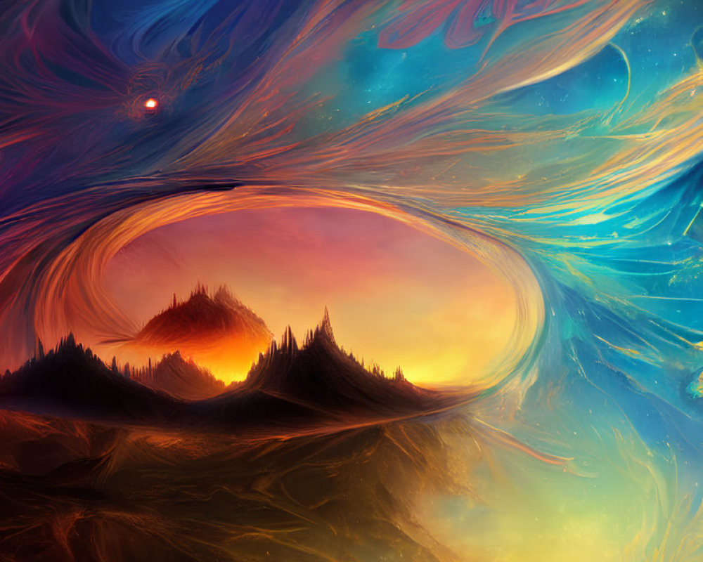 Colorful digital art: Swirling cosmic blues, oranges, and yellows with starry mountains under