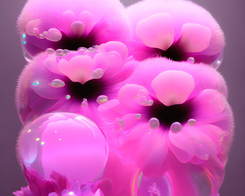 Colorful digital artwork with glossy bubble-like structures and pink petals for a whimsical floral fantasy