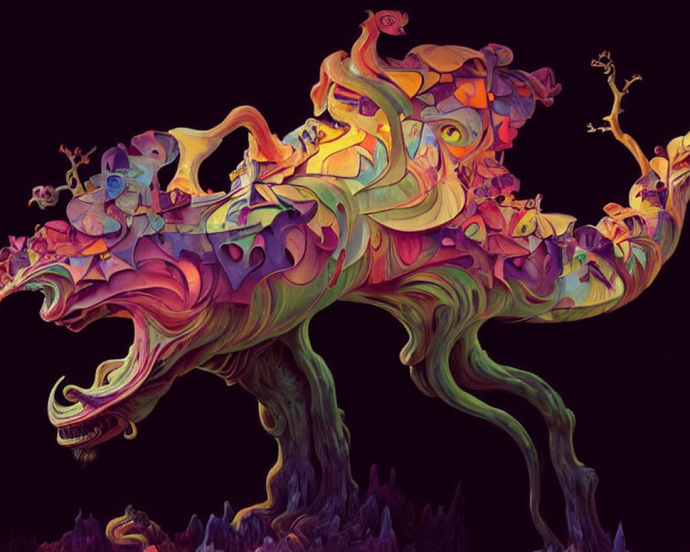 Colorful whimsical creature resembling a fantastical dragon on dark background