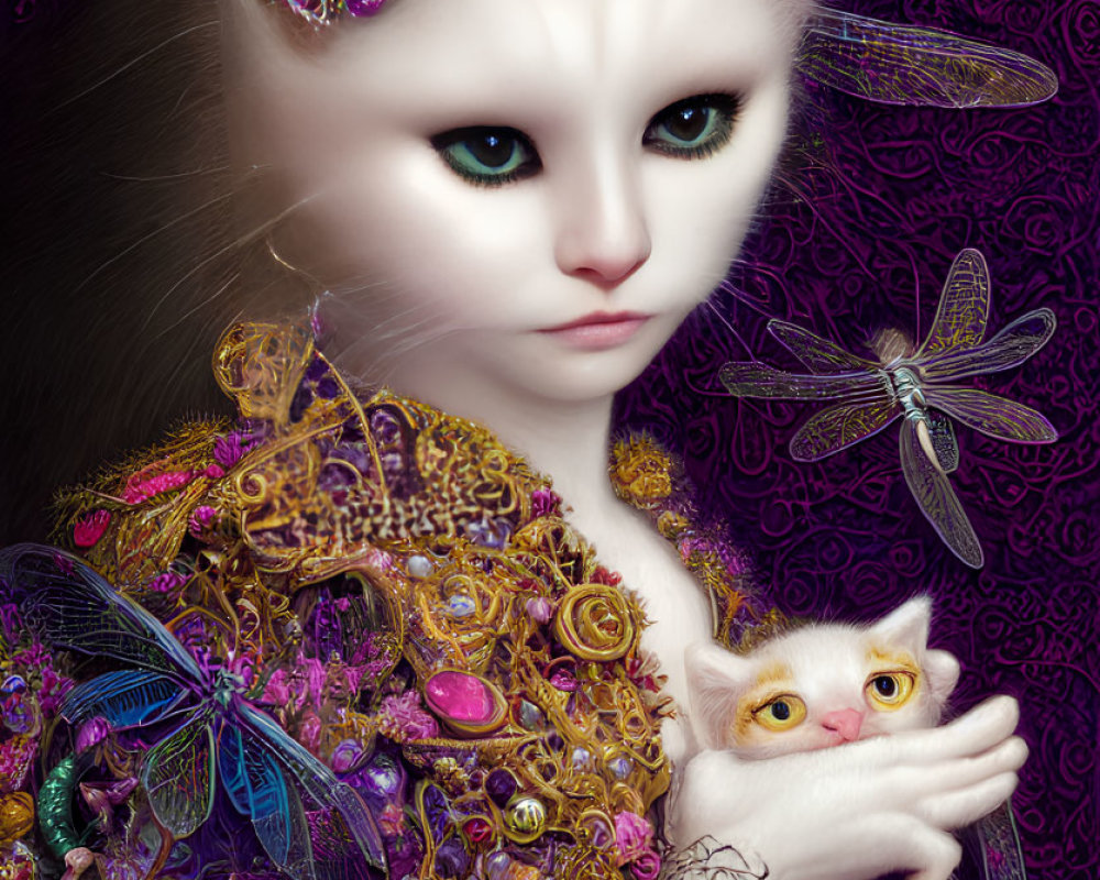 Surreal humanoid white cat in gold and purple garment with small white kitten and dragonflies.