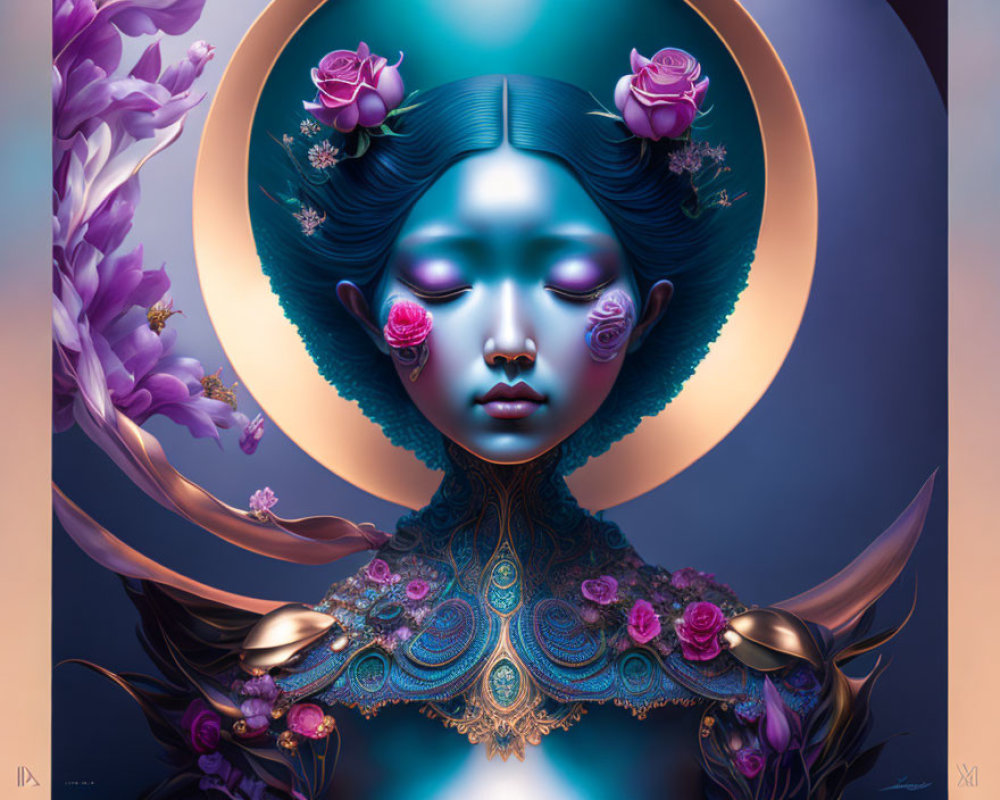 Surreal portrait of female figure with blue skin and floral surroundings