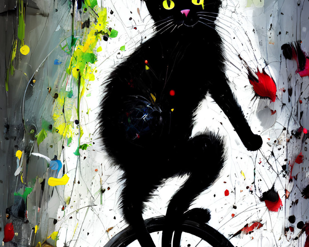 Colorful digital artwork: Cat silhouette on unicycle in chaotic paint splatter backdrop