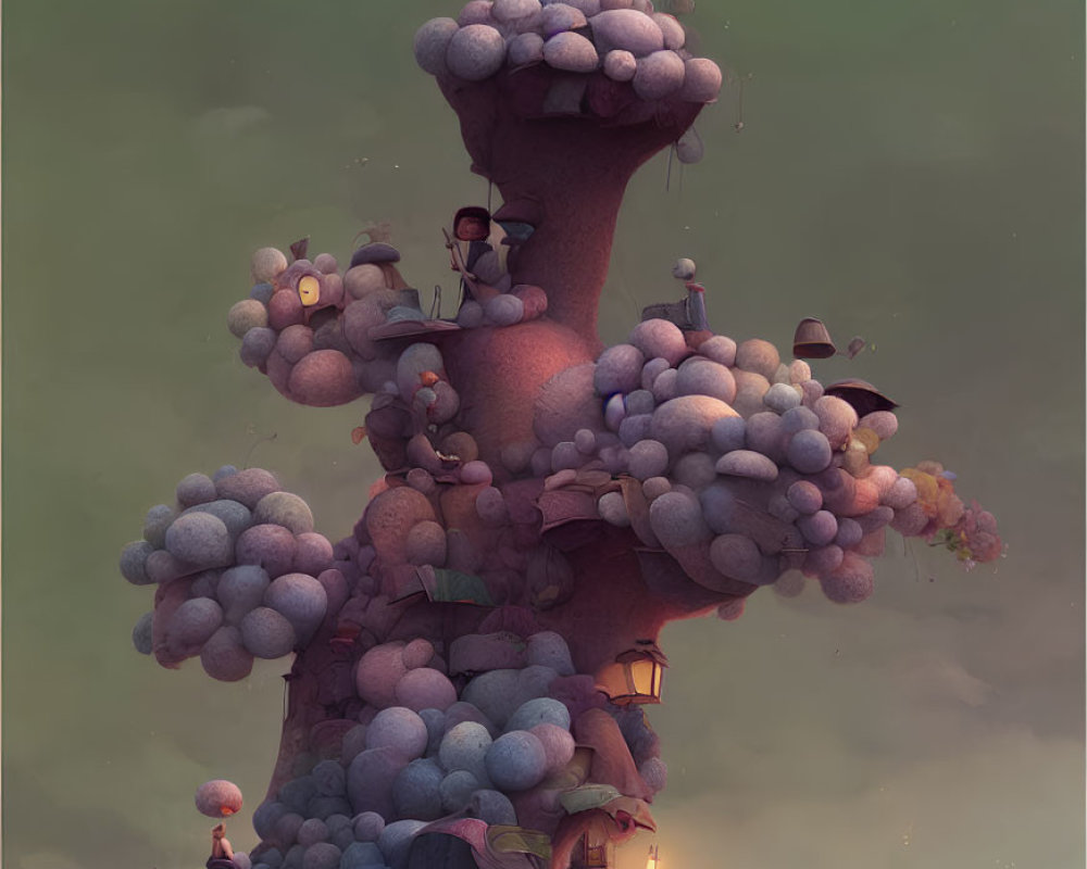 Illustration of towering tree-like structure with mushroom-shaped growths and tiny figures.