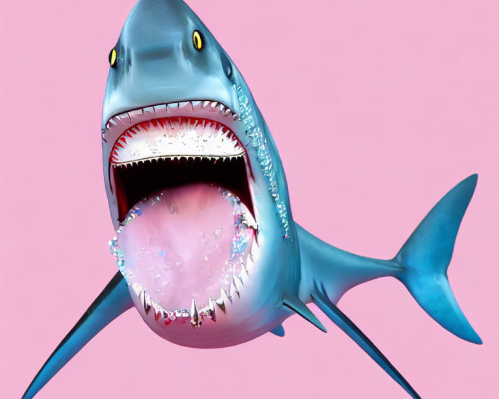 Blue Shark 3D Illustration with Open Mouth and Sharp Teeth on Pink Background