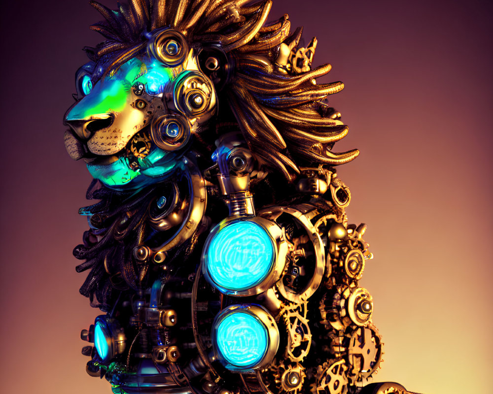Mechanical lion with intricate gears and blue glowing elements on amber background