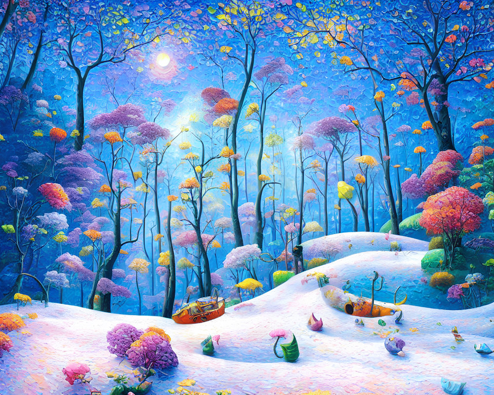 Colorful Magical Forest Painting with Glowing Sun and Lanterns