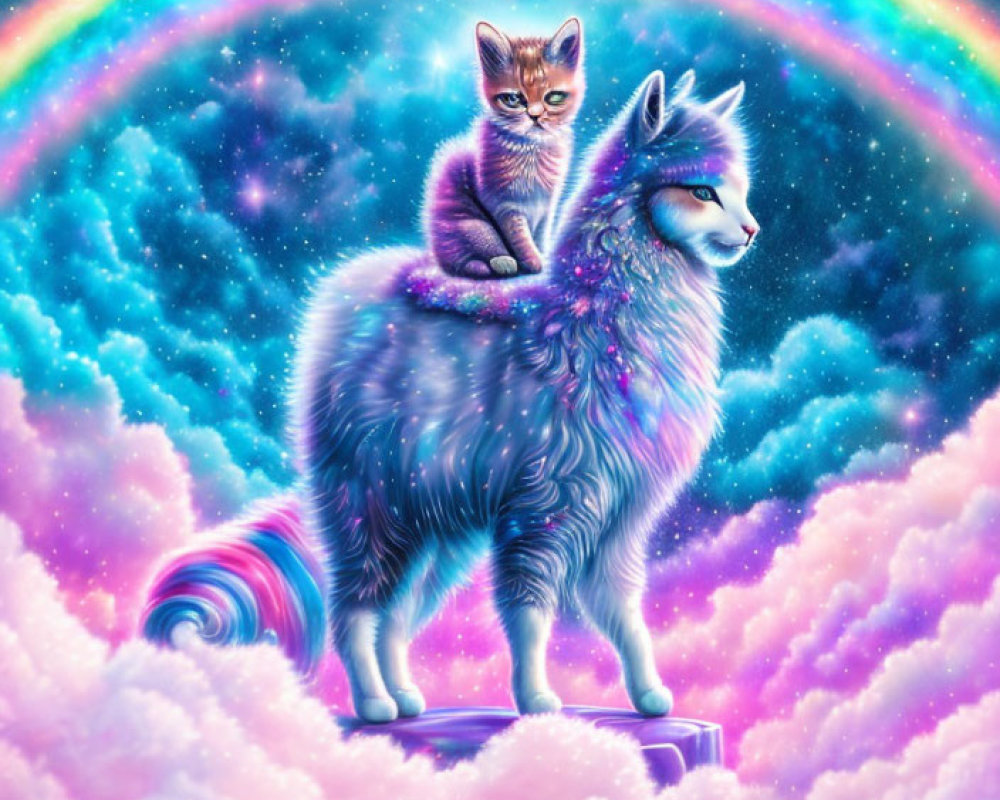Colorful Illustration: Kitten and Wolf in Purple Mystical Scene