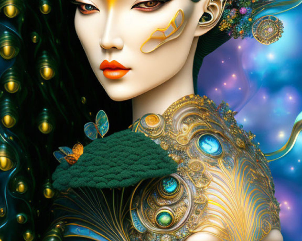 Stylized female figures with ornate headpieces and gemstones