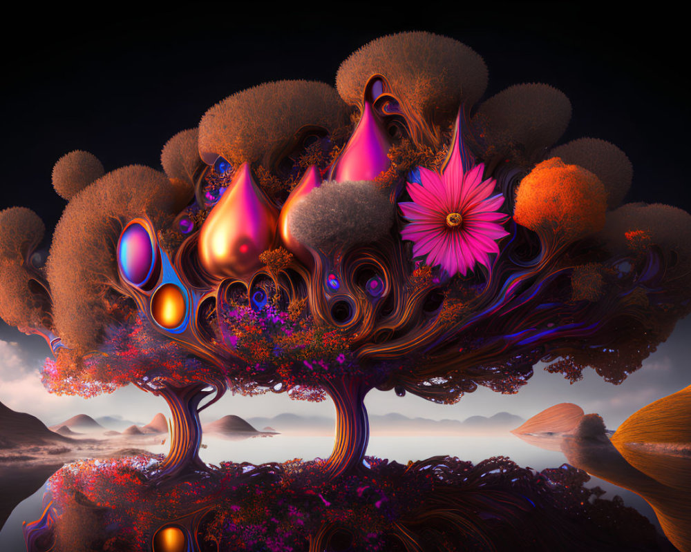 Vibrant surreal digital artwork of fantastical tree in pink skies