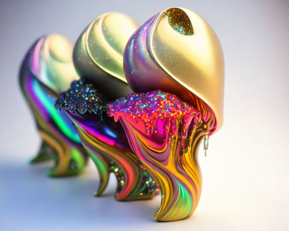 Vibrant rainbow-colored melting sculptures with glitter details
