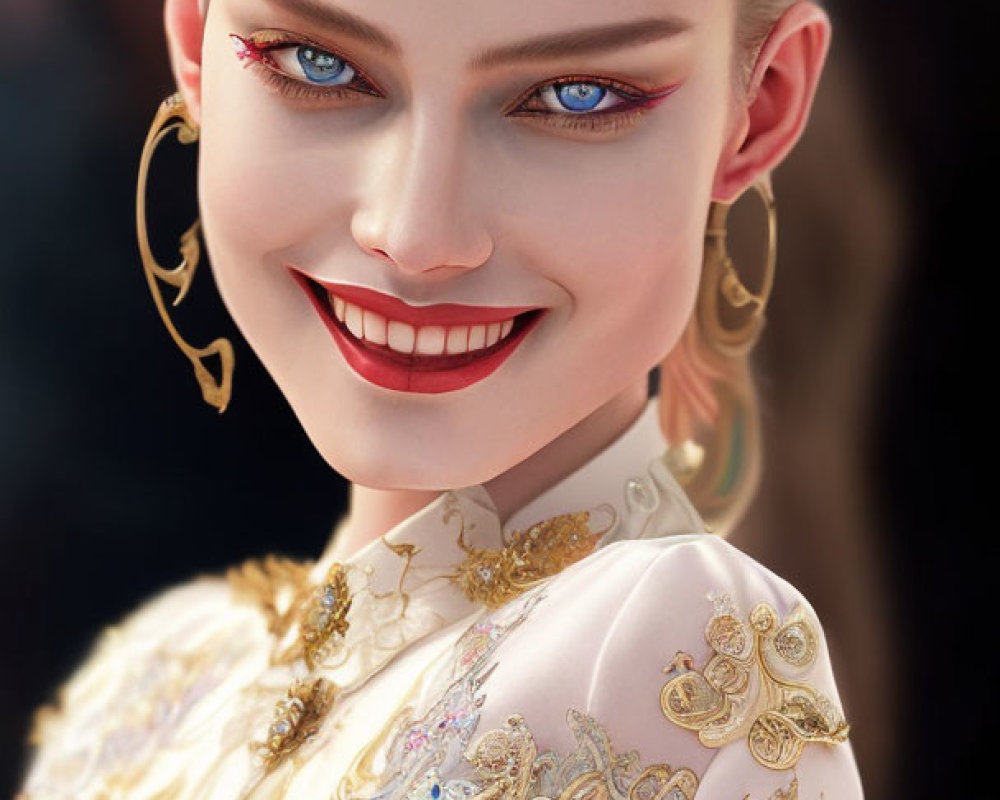 Digital artwork featuring woman with blue eyes, wide smile, golden jewelry, ornate white dress