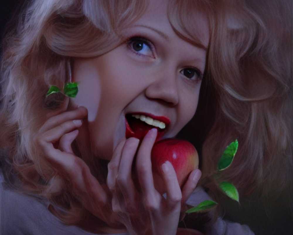 Blonde woman biting red apple in orchard setting