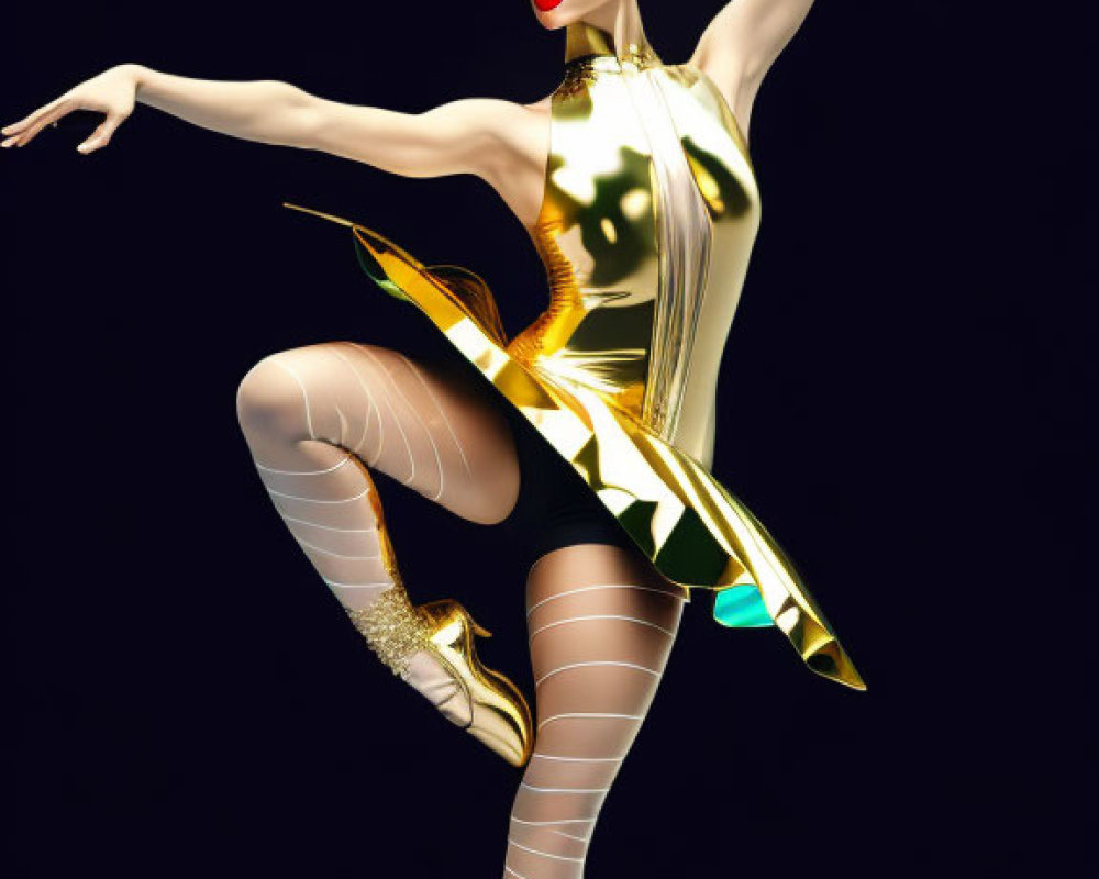 Gold Futuristic Ballerina Posing in Dark Background