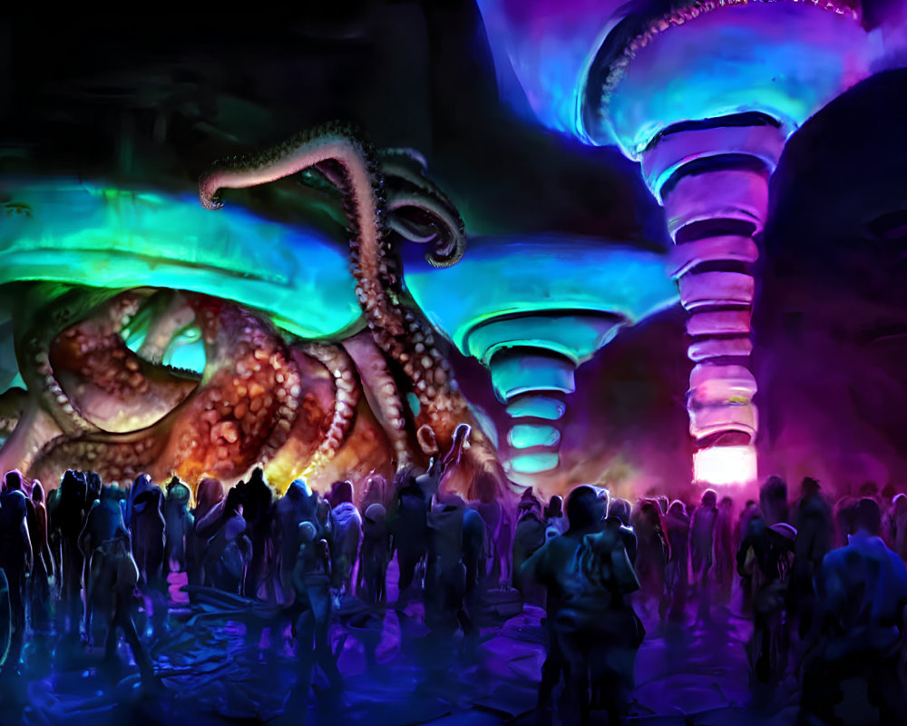 Futuristic digital artwork: Octopus-like creature emerges from structure