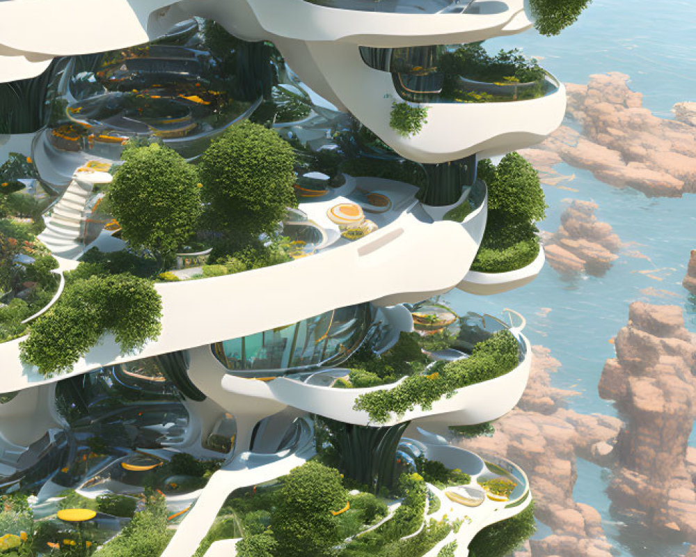 Layered Green Spaces Integrated in Futuristic Cliffside City