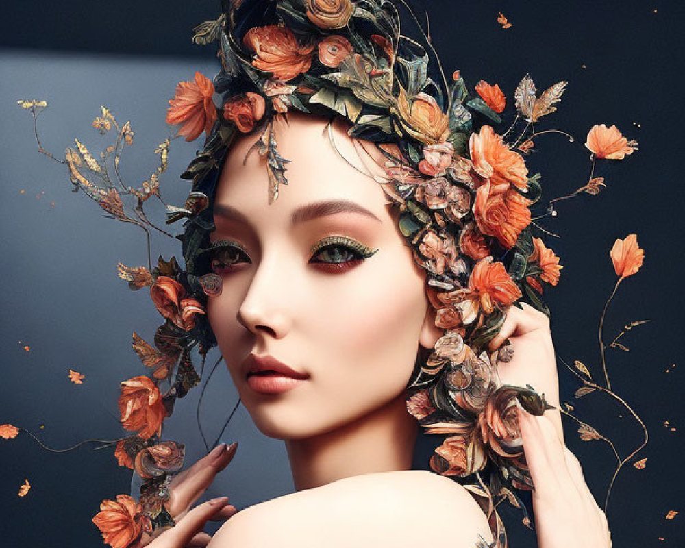 Woman with floral headpiece and tattoos in dark background with floating petals