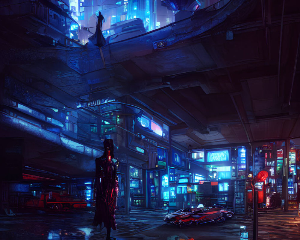 Vibrant futuristic cityscape with neon signs, towering buildings, and flying cars at night