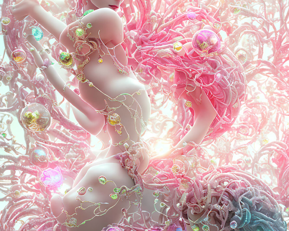Ethereal nude female figure with glowing skin and golden chains in vibrant digital art