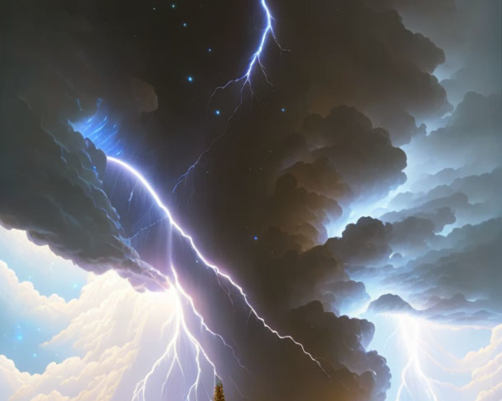 Digital Art: Night Landscape Thunderstorm with Lightning over Lake