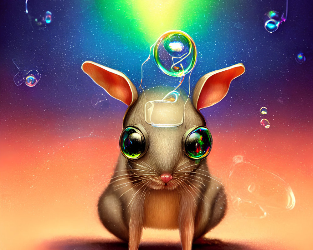Colorful digital illustration of a whimsical brown bunny with oversized shiny eyes, surrounded by bubbles and a