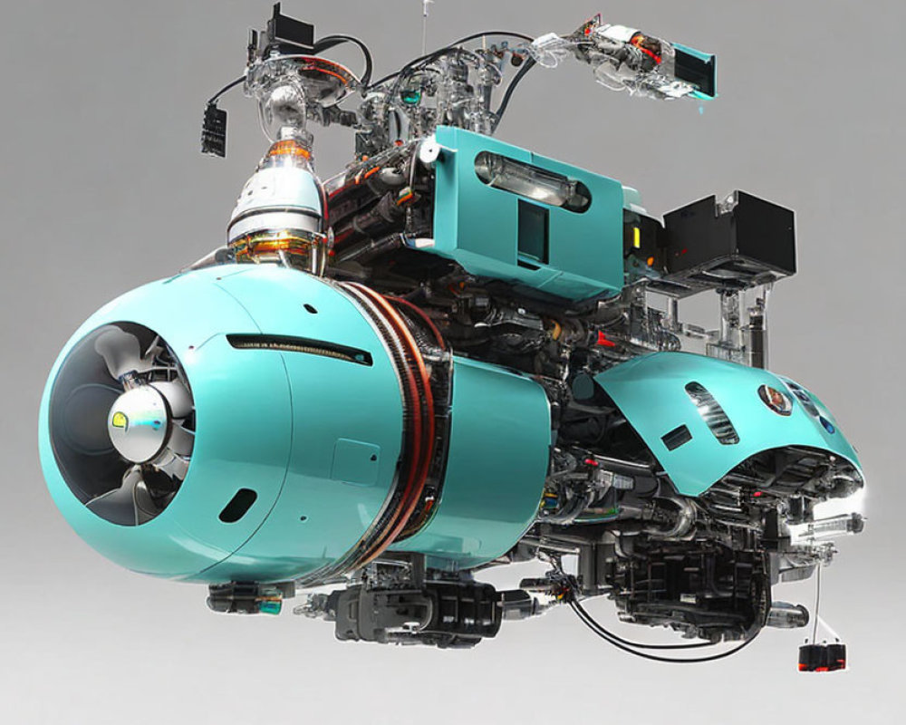 Detailed Turquoise and Black Machinery with Intricate Wiring and Mechanical Components