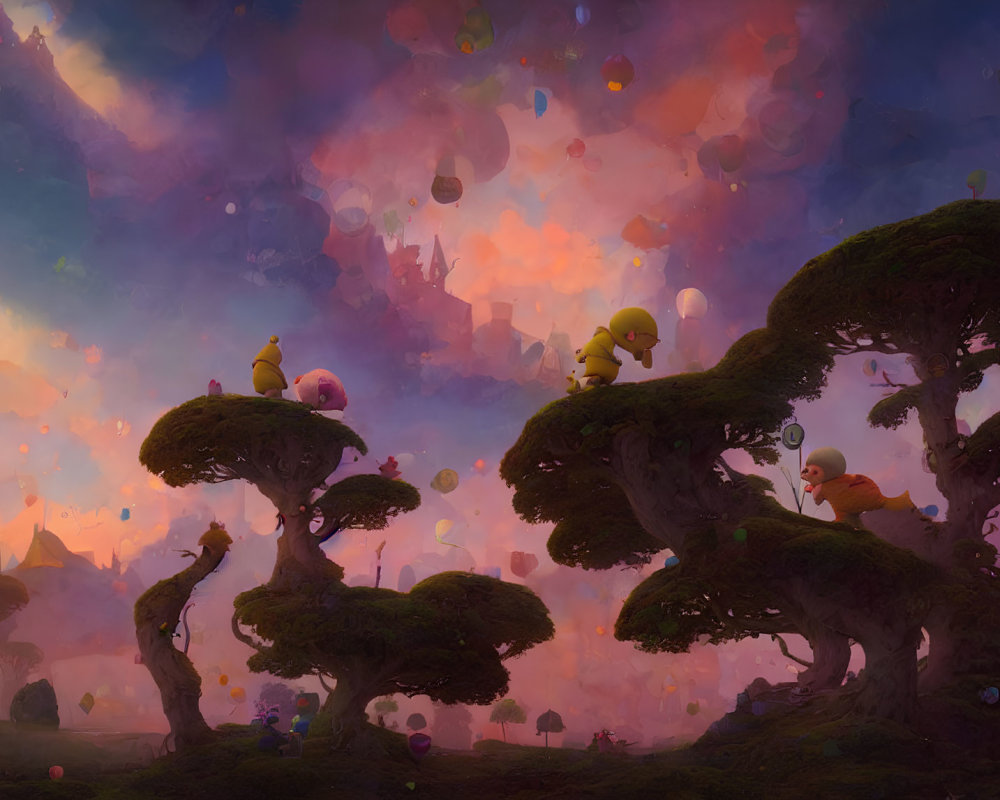 Colorful Whimsical Landscape with Floating Orbs and Fanciful Trees