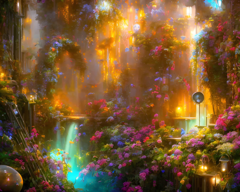 Ethereal forest glade with colorful flora and atmospheric fog